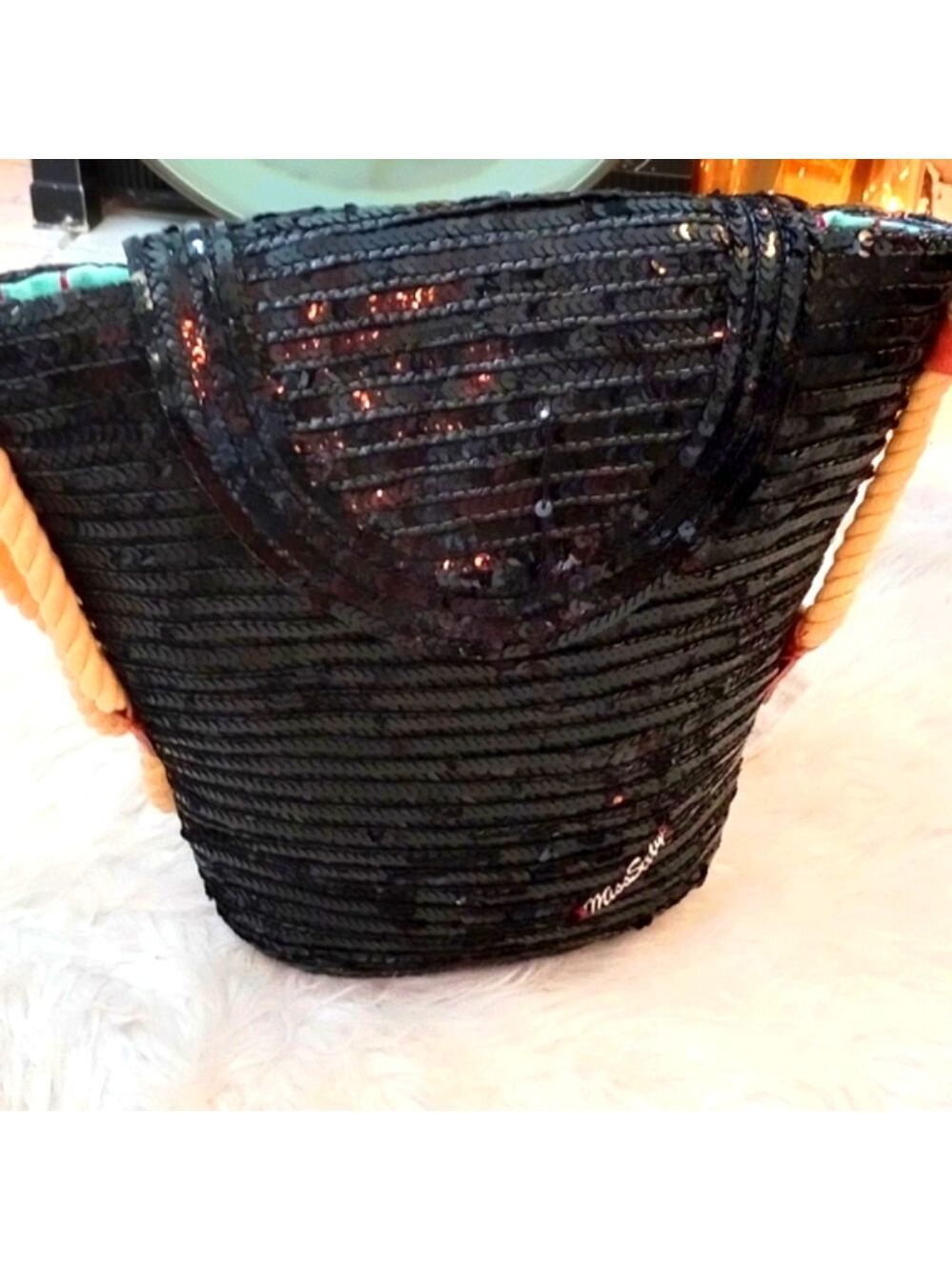 Miss Sixty Large Shoulder Bag. Black Sequin Bucket Bag.